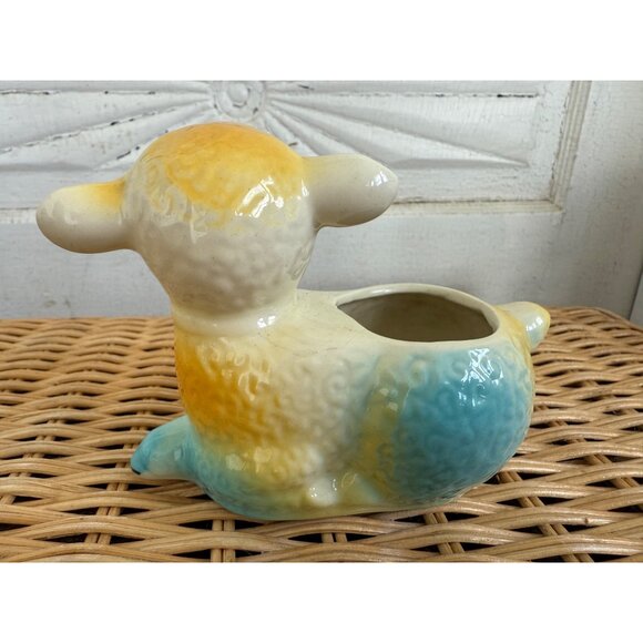 Vintage 40's Shawnee Lamb/sheep Planter Vase Yellow and Blue - Picture 8 of 10